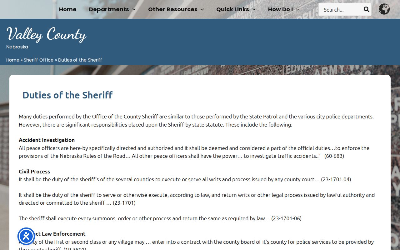 Elyria warrant records Valley County Sheriff statutory duties